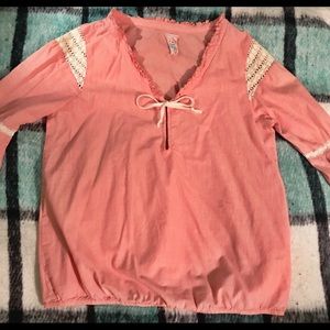 Free People light red embroidered clasp shirt